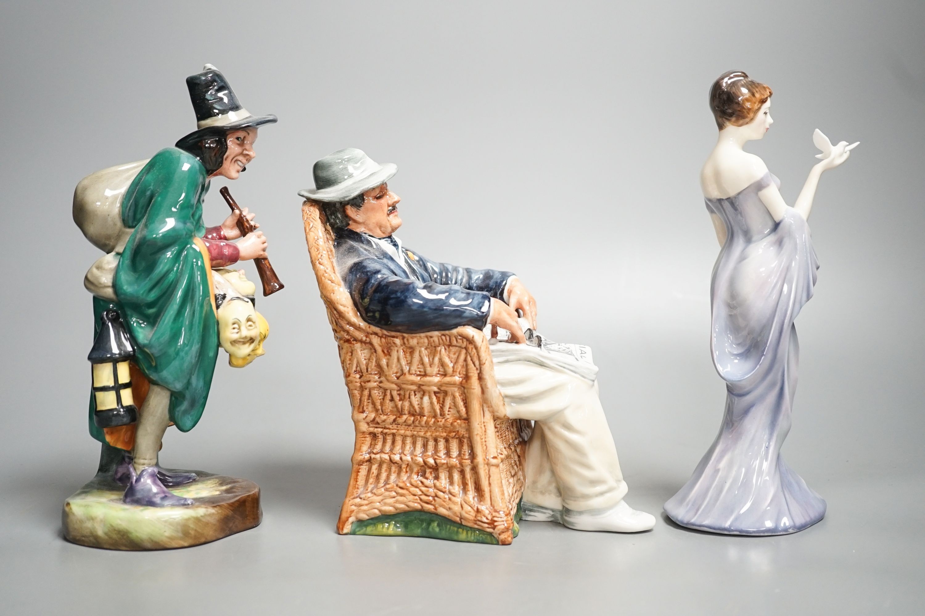 Three Royal Doulton figures, Harmony, Taking Things Easy, The Mask Seller